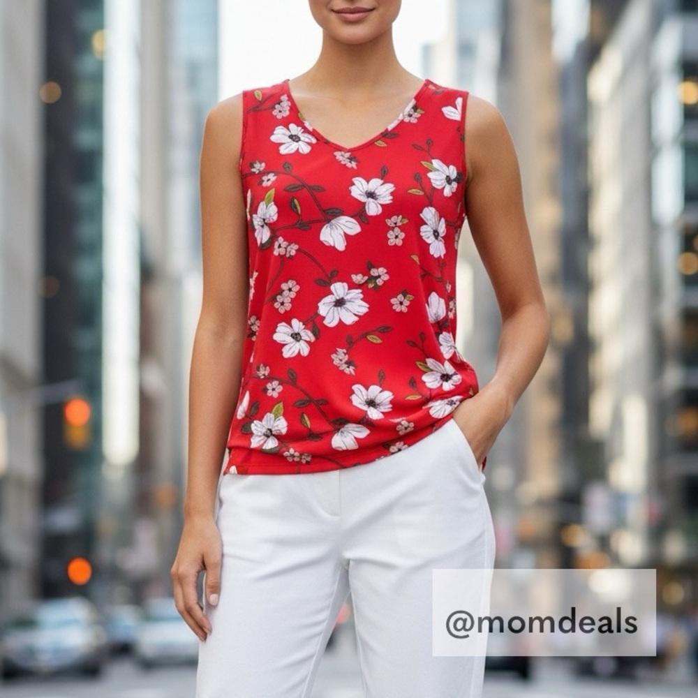 Chelsea & Theodore Women's Sleeveless Red White Floral Print Hi-Low Hem